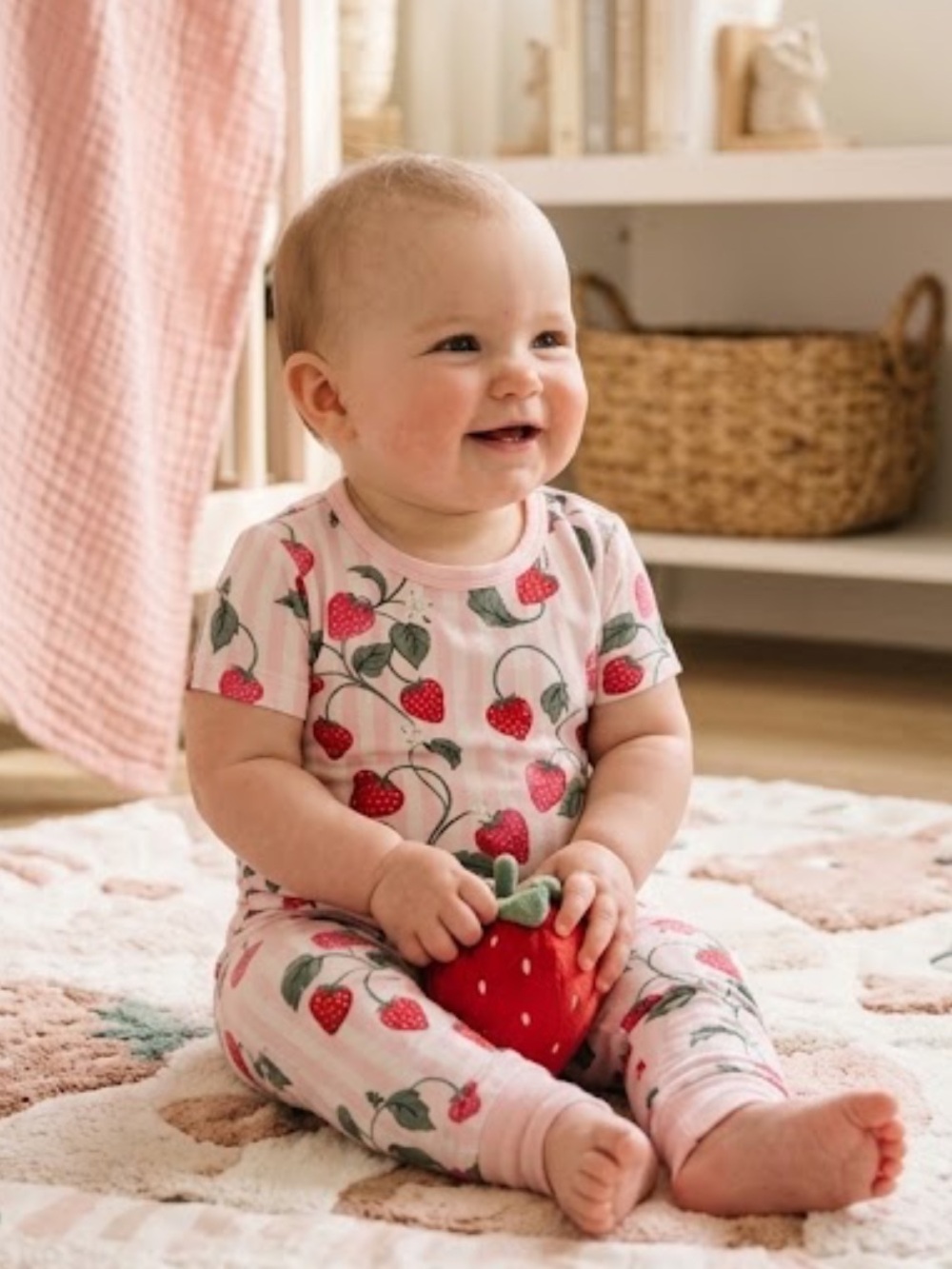 Kyte BABY Pink Strawberry Print Girls Pajama Set - Short Sleeve Top & Pants